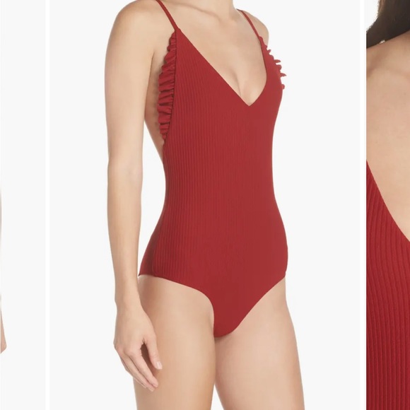 Made By Dawn Revolve Red Butterfly Root Ribbed Ruffle One Piece Swimsuit NWT S - Picture 3 of 16